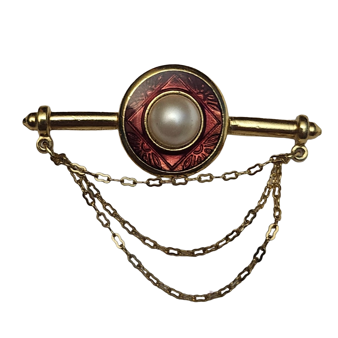 Vtg Anne Klein Ak Gold Tone Triple Chain Faux Pearl Pin Brooch 30$